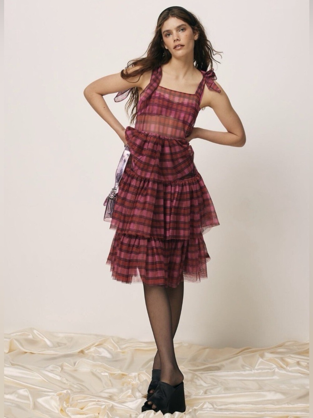 NWT Urban Outfitters Kimchi Blue Plaid Tulle Tiered Babydoll Dress XS